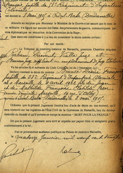Jugement du tribunal civil de Marseille pour le jeune Désiré Bianco (Archives départementales des Bouches-du-Rhône 44U1 0002)