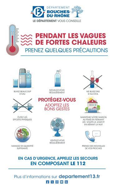 Pendant les vagues de fortes chaleurs prenez quelques précautions ! Protégez-vous adoptez les bons gestes : Buvez beaucoup d’eau Mouillez-vous régulièrement Ne buvez pas d’alcool Évitez les efforts physiques Maintenez votre maison au frais en fermant les volets le jour et en aérant la nuit Mangez en quantité suffisante Ventilez-vous régulièrement Prenez des nouvelles de vos proches En cas d’urgence, appelez les secours en composant le 112 - Agrandir l'image, fenêtre modale