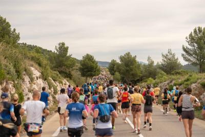 Groupe de coureurs participant au semi-marathon Marseille-Cassis sur une route bordée de rochers et de végétation, avec des collines verdoyantes en arrière-plan. - Agrandir l'image 8 sur 12, fenêtre modale