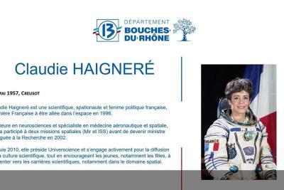 Diapositive projetée lors de la séance publique présentant le parcours de la spationaute Claudie Haigneré - Agrandir l'image 3 sur 4, fenêtre modale
