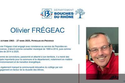 Diapositive projetée lors de la séance publique qui présente le parcours d'Olivier Frégeac qui donne son nom du collège Jean-Jaurès en hommage à son mandat de maire à Peyrolles-en-Provence - Agrandir l'image 4 sur 4, fenêtre modale