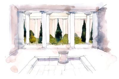 dessin en aquarelle avec en premier plan une pièce couverte donnant sur des colonnes soutenant le mur, puis des cyprès dans le jardin - Agrandir l'image 13 sur 14, fenêtre modale