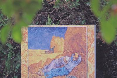 Peinture en plein air accrochée à des haies ou des buissons, représentant deux personnes allongées dans un champ ensoleillé, avec des meules de foin en arrière-plan et possiblement des animaux au loin. - Agrandir l'image 6 sur 6, fenêtre modale
