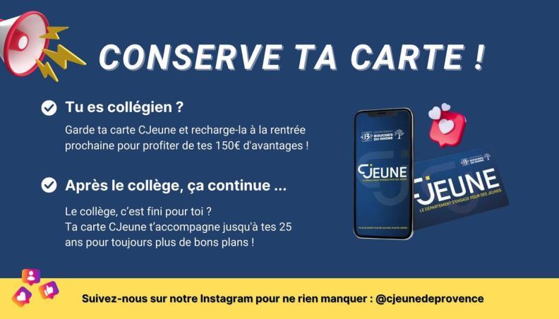 Conserve ta carte : collégien, garde ta carte CJeune et recharge là à la rentrée. Après le collège ta carte t'accompagne jusqu'à tes 25 ans